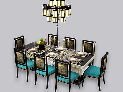 3d新中式餐桌椅吊灯组合模型