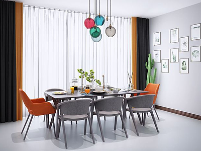 3d现代北欧餐桌椅吊灯组合模型