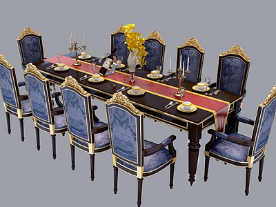 3d美式实木餐桌椅组合模型