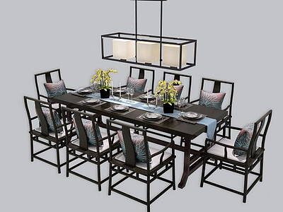 新中式餐桌椅吊灯组合模型3d模型