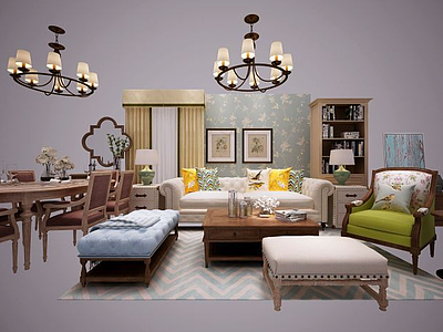 3d美式沙发茶几窗帘餐桌椅模型