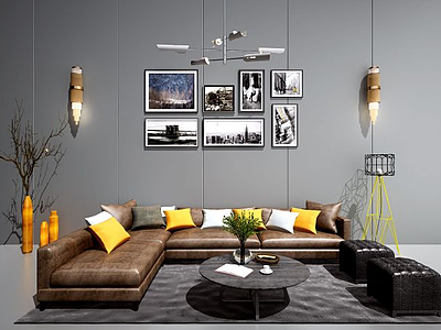 3d现代沙发茶几吊灯装饰画模型