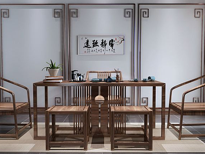 3d新中式实木茶桌椅组合模型