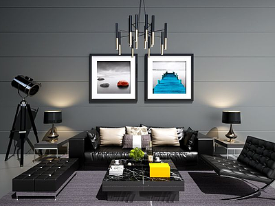 现代沙发茶几吊灯装饰画模型3d模型