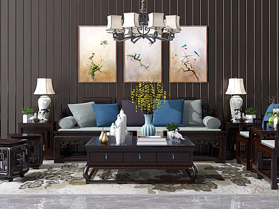3d新中式沙发茶几吊灯装饰画模型