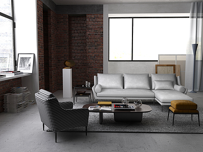 3d现代布艺转角沙发茶几组合模型