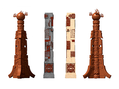 3d新中式柱子石柱雕塑模型
