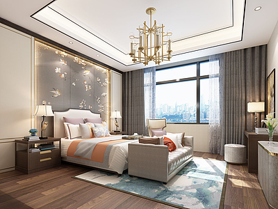 3d新中式风格的卧室模型