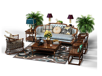 美式沙发茶几组合3d模型