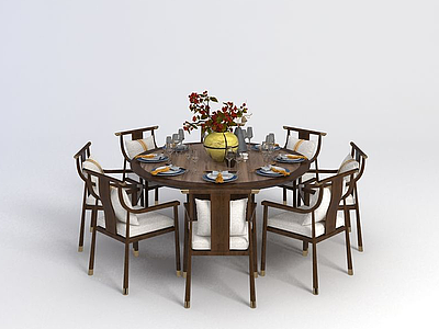 中式圆餐桌椅组合模型3d模型