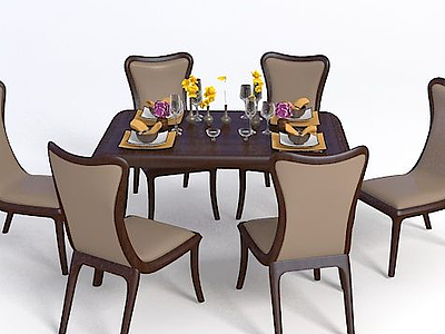 咖啡色餐桌椅组合3d模型