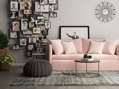 3d北欧粉色布艺沙发茶几组合模型