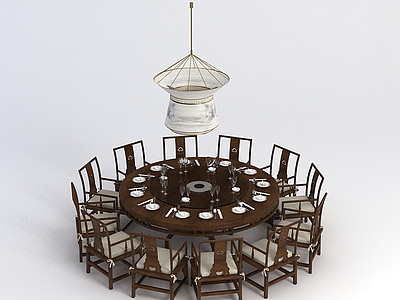 3d中式圆桌椅子吊灯组合模型