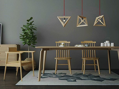 3d新中式实木餐桌椅组合模型