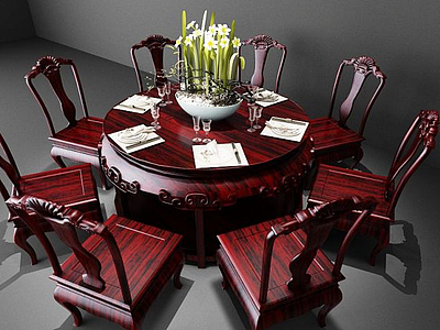 中式圆桌椅组合模型