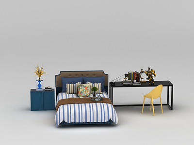 现代卧室床桌椅组合模型