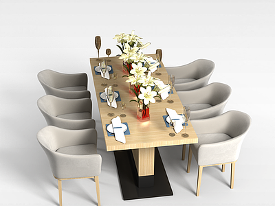 3d六人餐桌椅模型