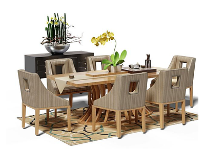 3d六人餐桌椅组合模型