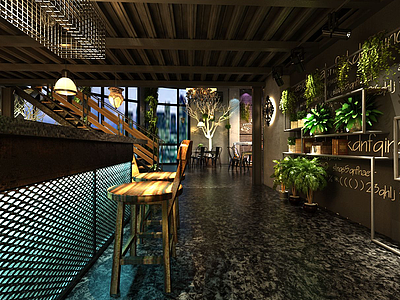 3d工业风格咖啡厅模型