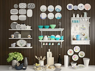 3d厨房餐具碗碟组合配料柜模型