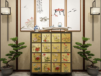 3d中式手绘玄关斗柜模型