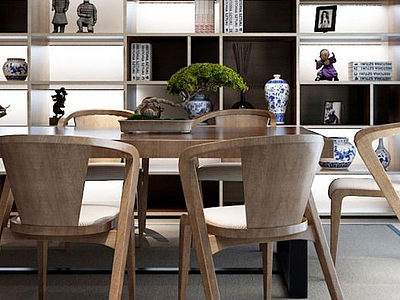 3d新中式实木餐桌椅模型