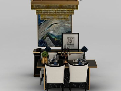 3d新古典餐桌椅奢华吊灯组合模型