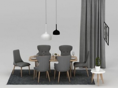 3d现代餐厅餐桌椅吊灯组合模型