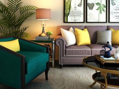 美式客厅沙发茶几组合模型