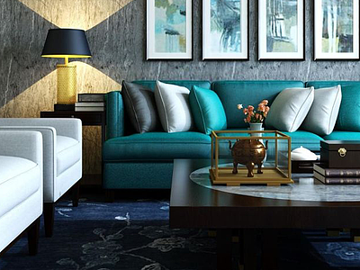 3d新中式客厅沙发茶几组合模型