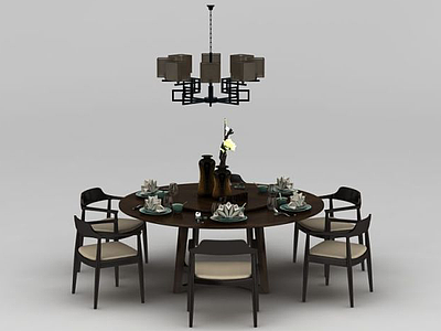 3d新中式餐厅桌椅组合模型