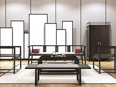 3d新中式柜子椅子茶几组合模型