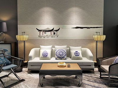 3d新中式禅意沙发壁画组合模型
