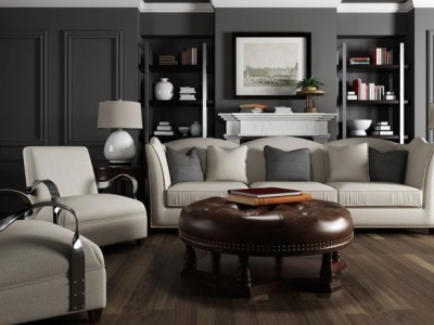 3d美式客厅沙发软包茶几组合模型