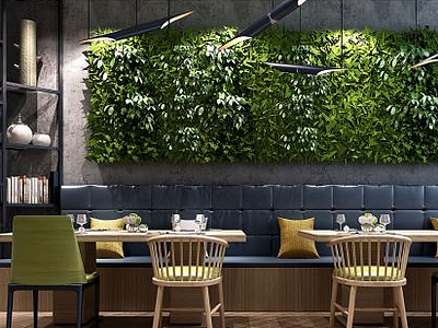 3d现代餐厅桌椅植物墙模型