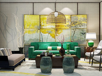 中式沙发椅油画背景屏风模型
