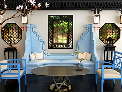 3d新中式蓝色沙发茶几组合模型