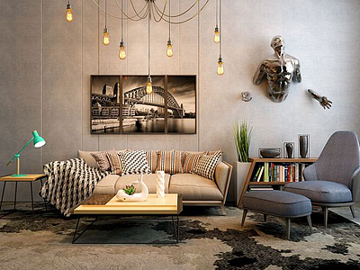 3d北欧沙发茶几超酷墙饰品组合模型