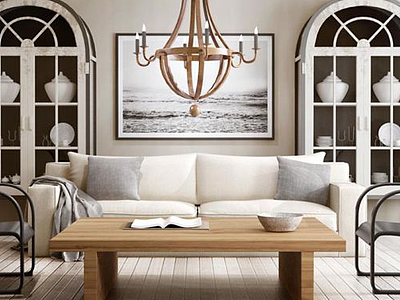 3d美式木质吊灯沙发茶几组合模型