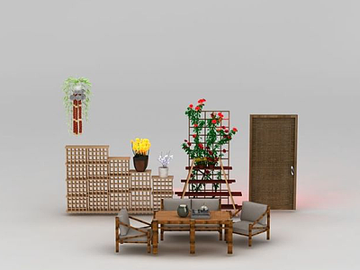 田园竹桌椅盆栽花架组合模型3d模型
