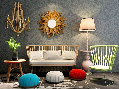 3d现代原木沙发椅挂饰品组合模型