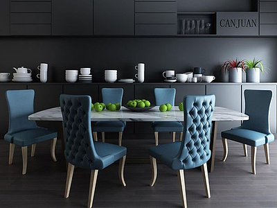 美式家庭自助餐桌椅组合模型3d模型