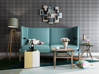 3d现代沙发茶几创意挂钟组合模型