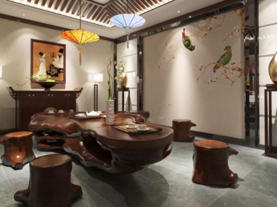 3d中式木头造型茶桌茶椅模型
