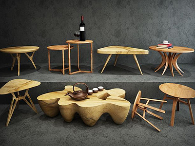 现代中式茶几木桌组合模型3d模型