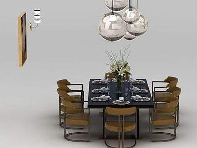 3d现代吊灯餐桌椅组合模型