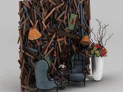 3d美式单人沙发椅创意背景墙组合模型