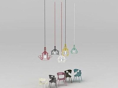3d现代北欧休闲单椅吊灯组合模型