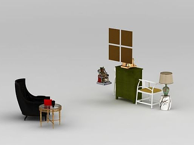 3d新中式椅子边柜组合模型
