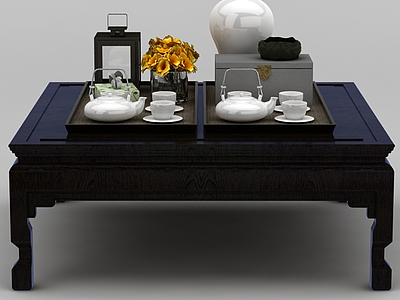 3d中式实木茶几茶具组合模型